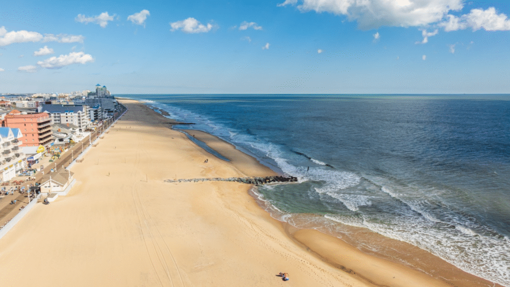 aerial shot of Ocean City, MD shoreline in winter downtown with boardwalk